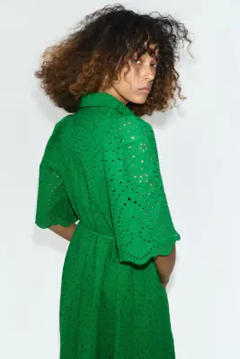 Robe chemise en coton avec broderie anglaise - Vert — photo 3