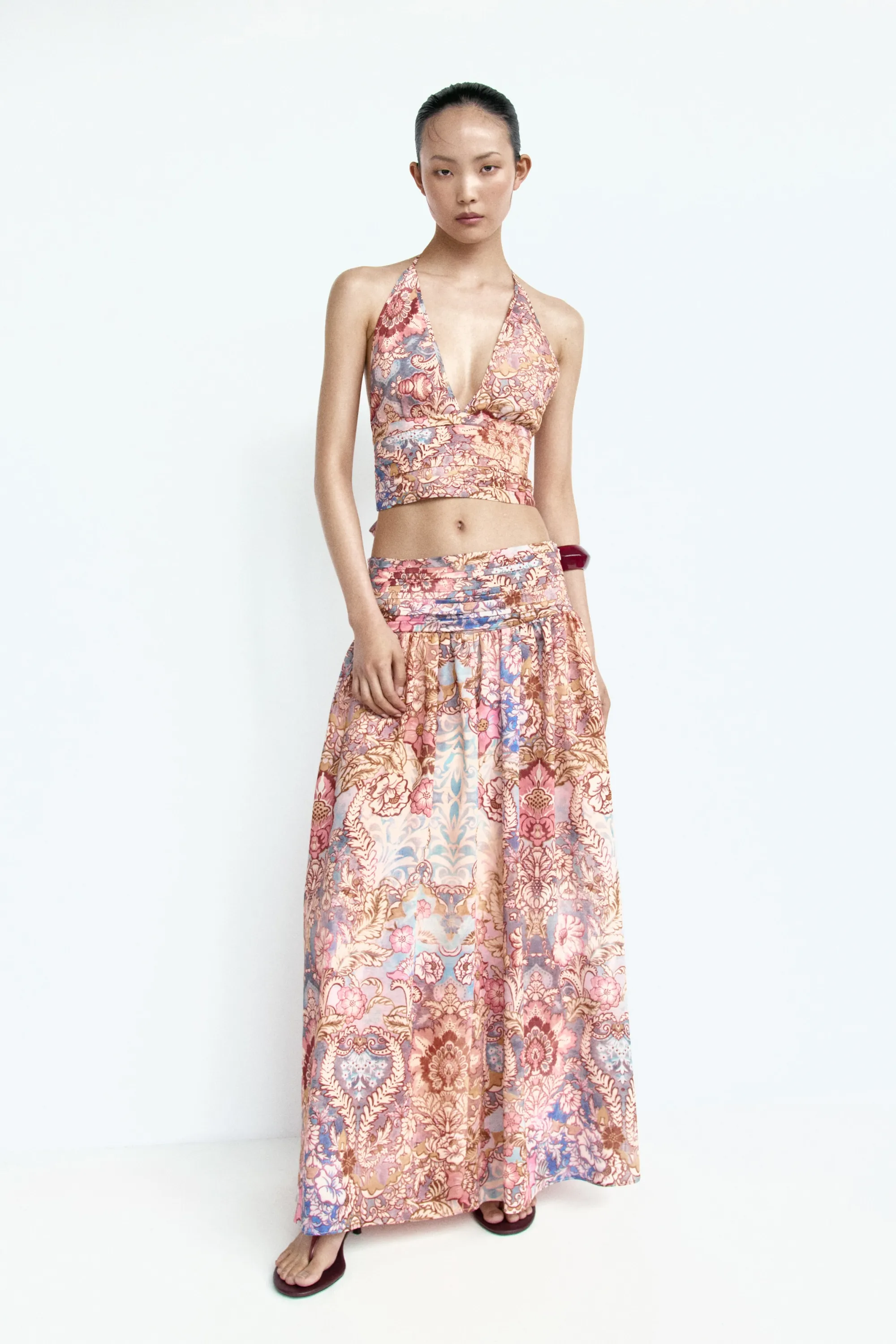 Top dos nu avec taille ruchée - Orange clair/motif