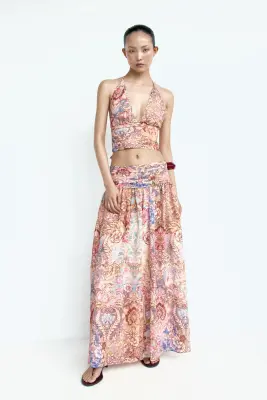 Top dos nu avec taille ruchée - Orange clair/motif — photo 1