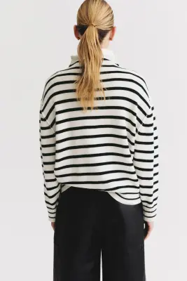 Pull oversize en laine mélangée - Blanc/rayures bleu marine — photo 2