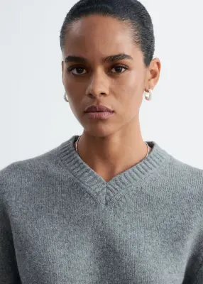 Pull à col en V côtelé - Gris — photo 3