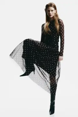 Robe en mesh à effet drapé - Marron foncé/pois — photo 3