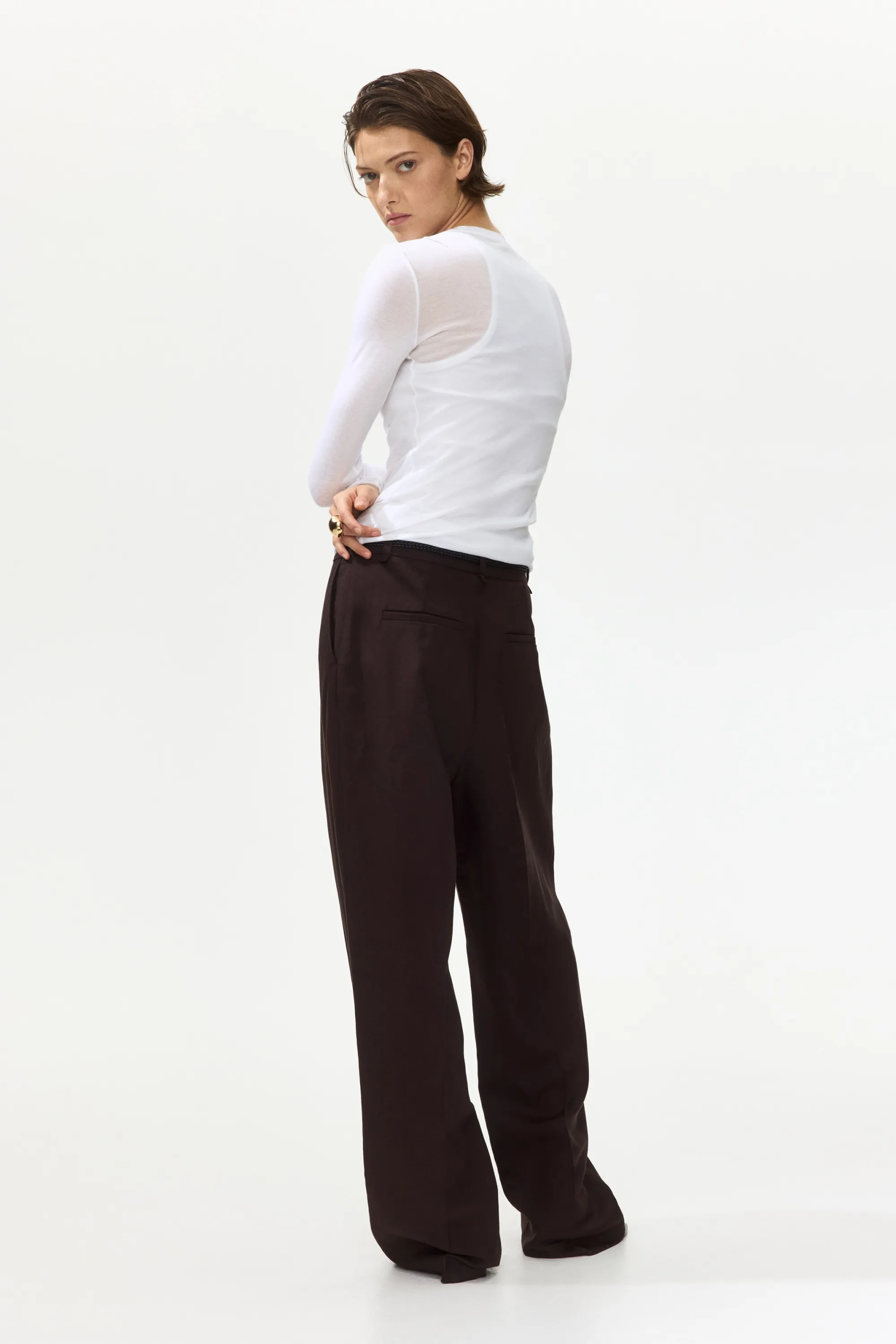 Pantalon en lin mélangé avec ceinture - Marron foncé