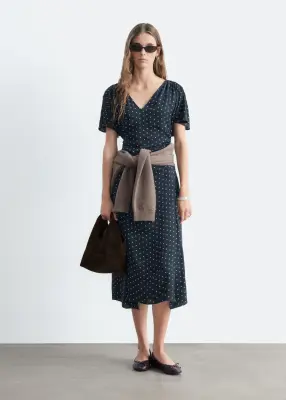 Robe froncée à col en V - Bleu foncé/À pois — photo 3