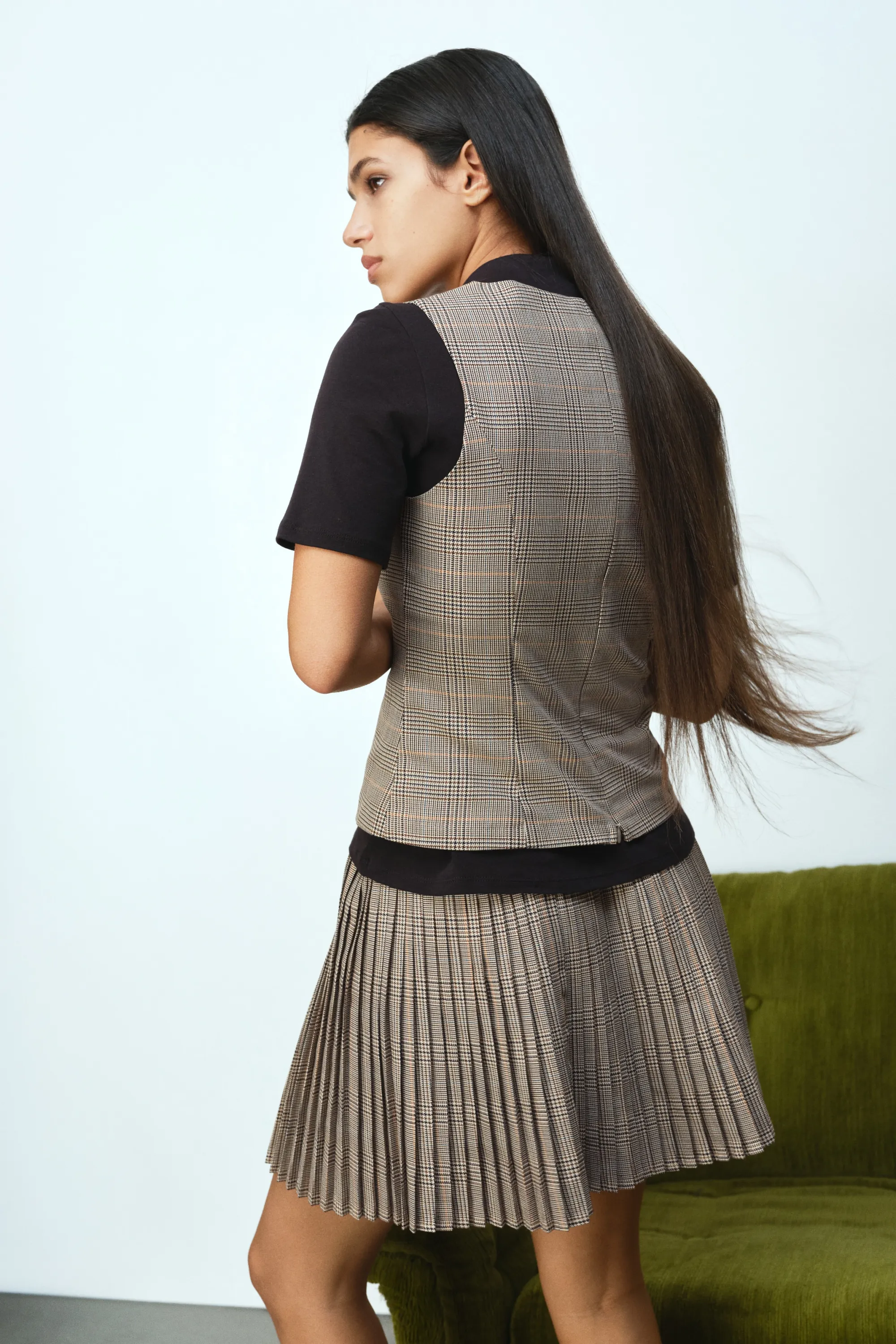 Top sans manches en twill - Beige clair/carreaux