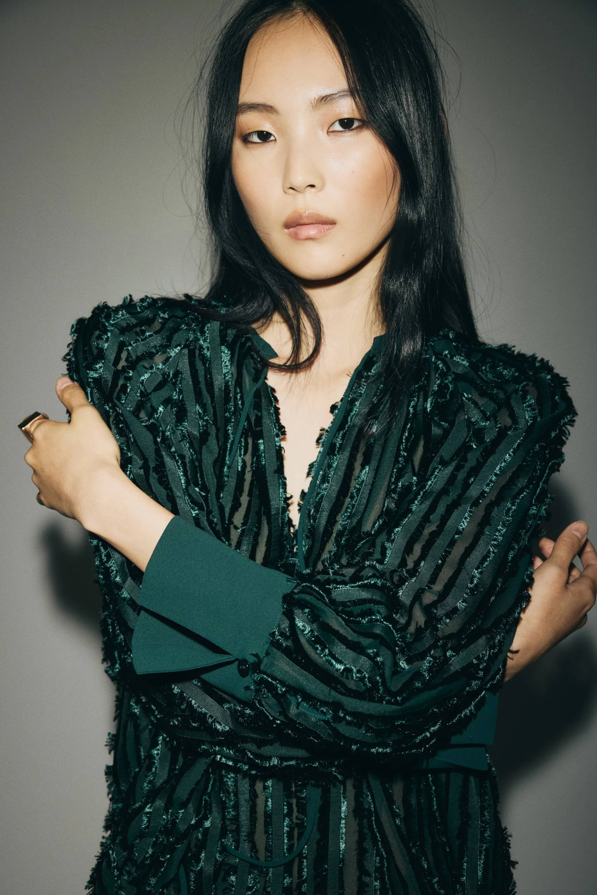 Blouse avec col à nouer - Vert foncé