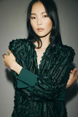 Blouse avec col à nouer - Vert foncé — photo 1