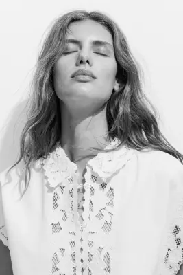 Chemise en twill de coton avec dentelle - Blanc — photo 1