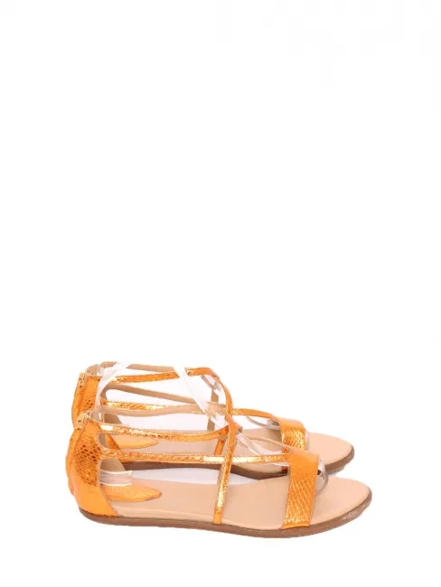 Sandales plates en cuir exotique métallisé orange cuivré Prix boutique 600€ Taille 39