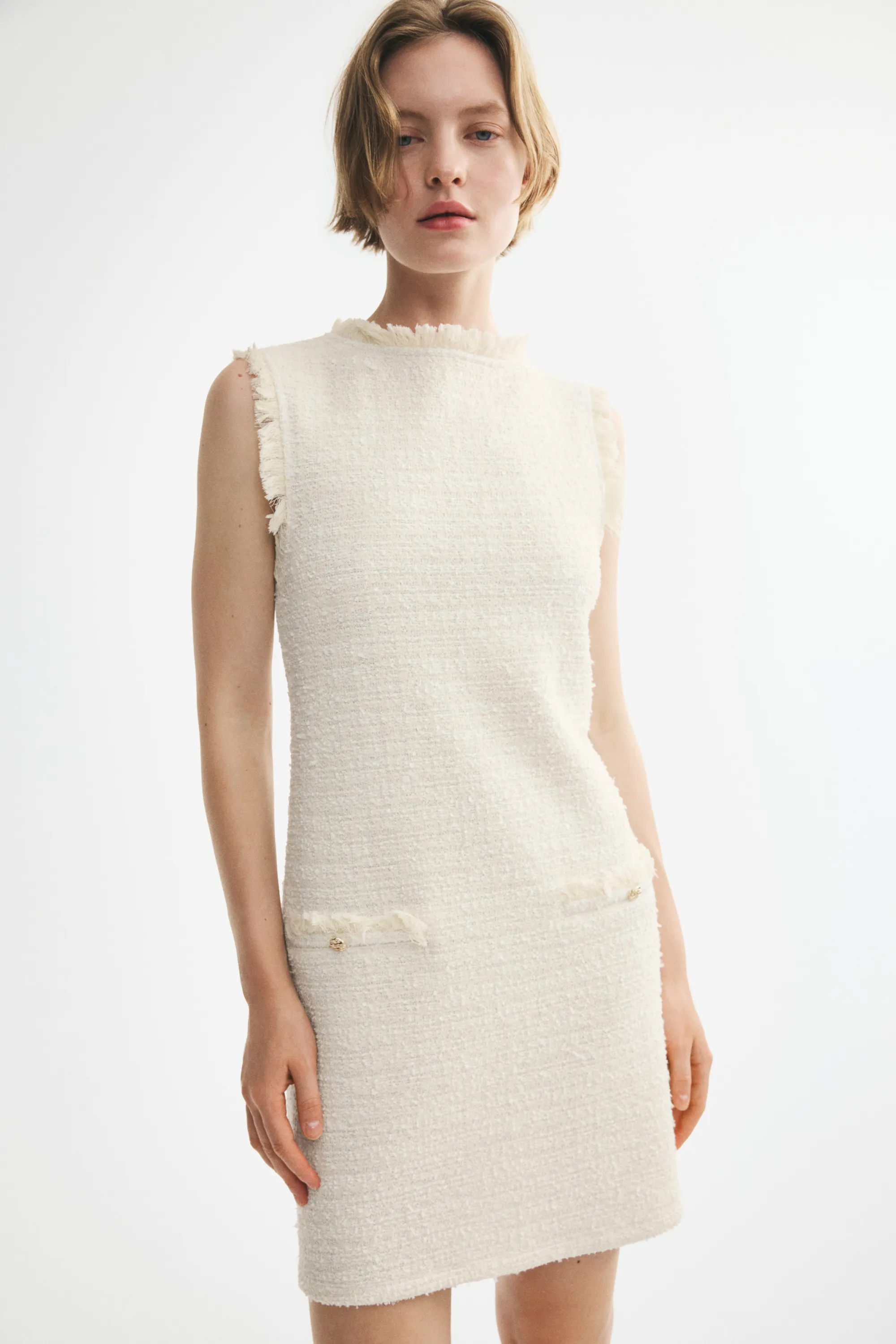Robe frangée en maille bouclette - Crème