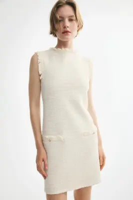 Robe frangée en maille bouclette - Crème — photo 1
