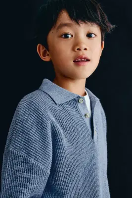 Pull loose façon polo en coton - Bleu ancien clair — photo 2