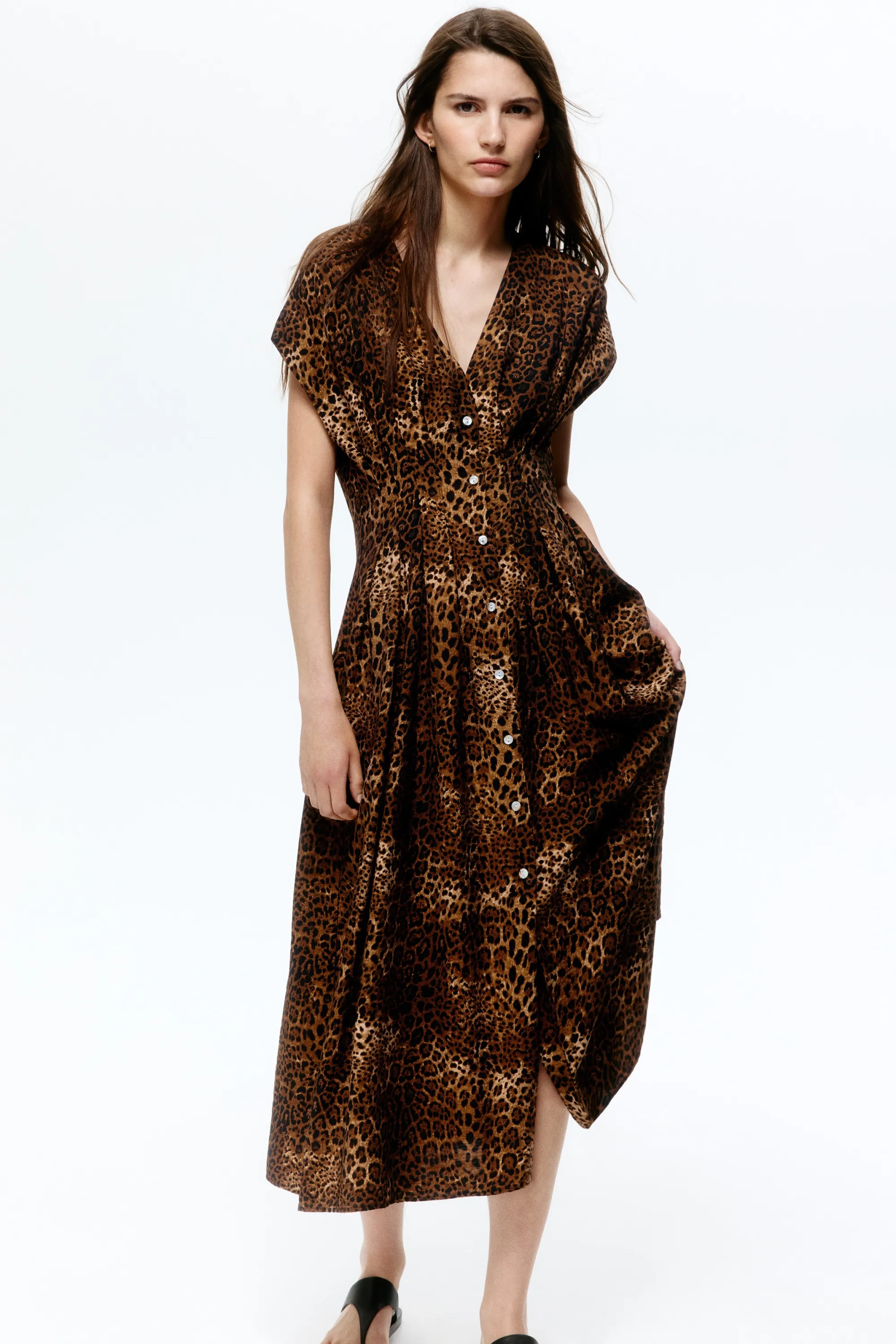 Robe midi à boutons - Marron foncé/imprimé léopard