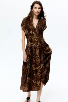 Robe midi à boutons - Marron foncé/imprimé léopard — photo 1