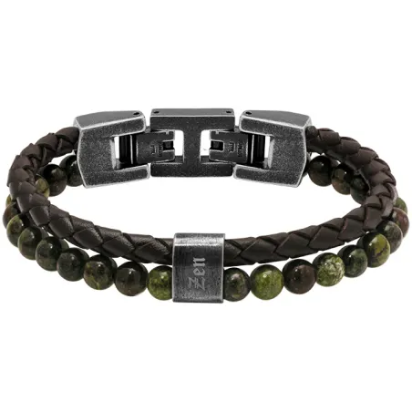 ROCHET - Bracelet KARMA Cuir Marron et perles Unakite et Oeil de tigre fermoir Acier vintage 13mm x 21,5cm HB562208