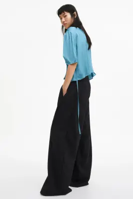 Blouse à manches bouffantes en satin - Turquoise — photo 2