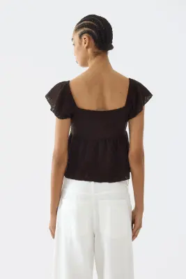 Blouse en jersey pointelle - Marron foncé — photo 2
