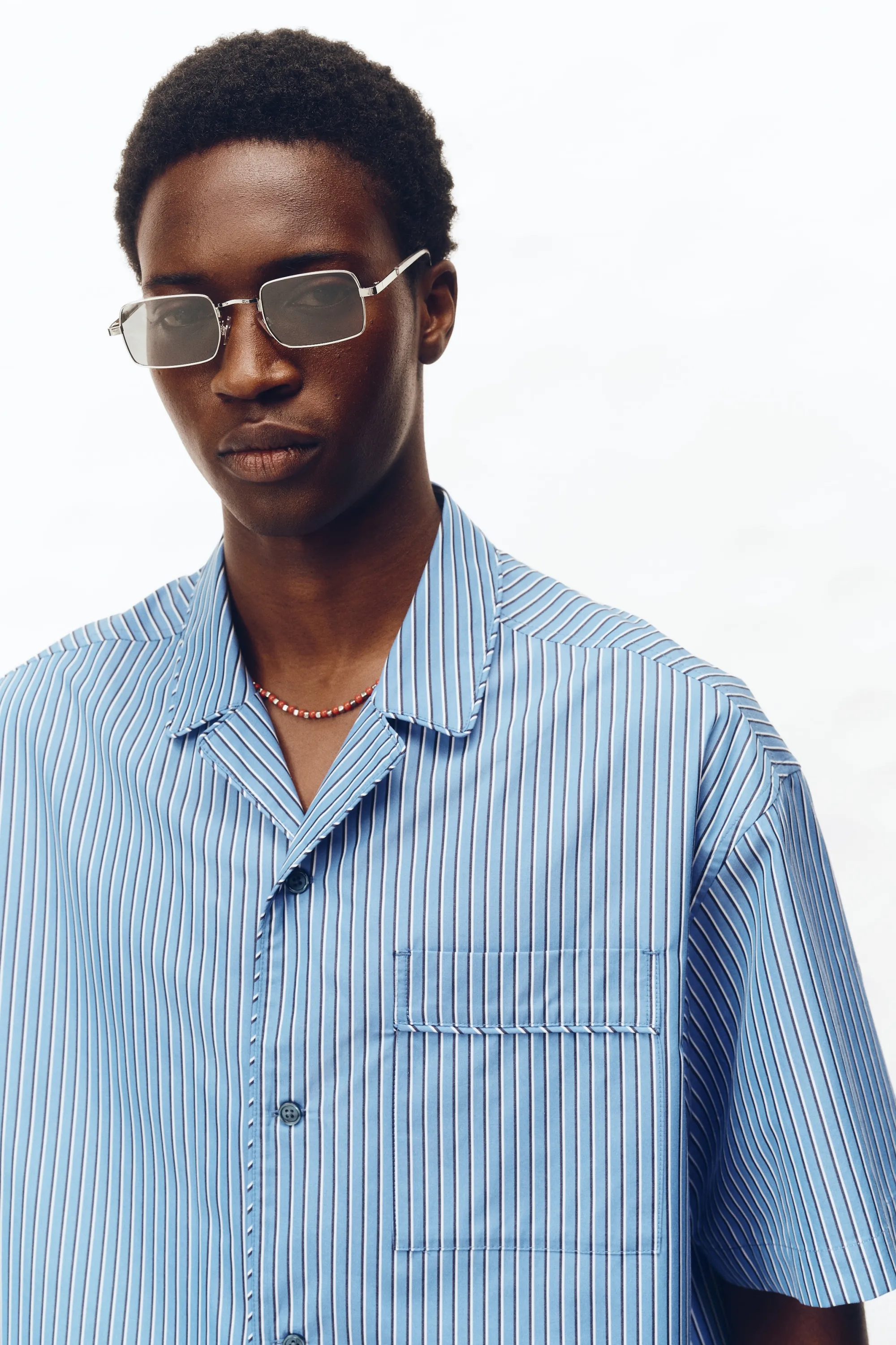 Chemise Relaxed Fit en coton pima avec col cubain - Bleu/rayé
