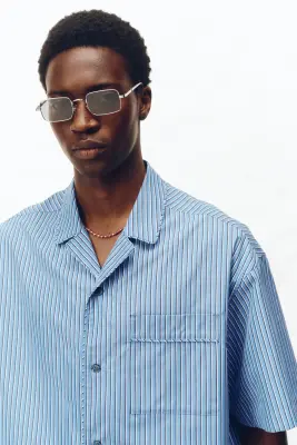 Chemise Relaxed Fit en coton pima avec col cubain - Bleu/rayé — photo 1