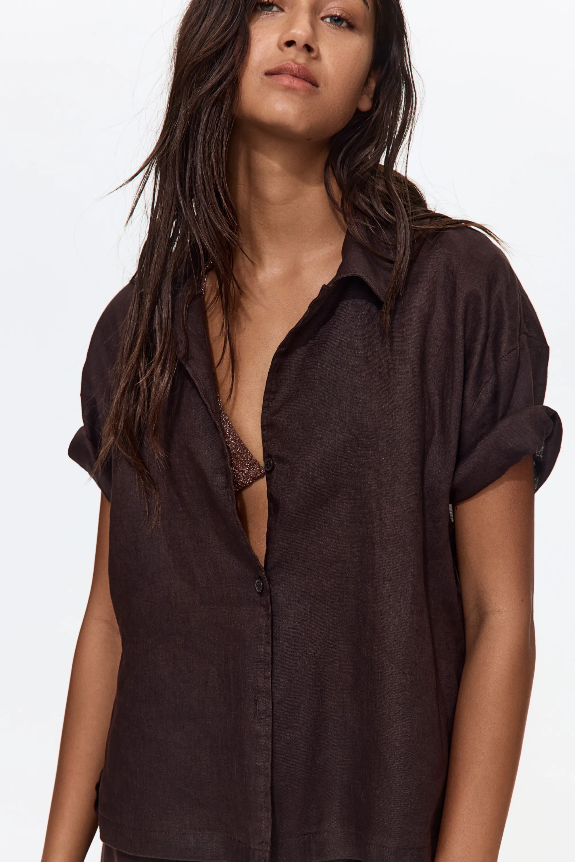 Chemise de plage en lin - Marron foncé