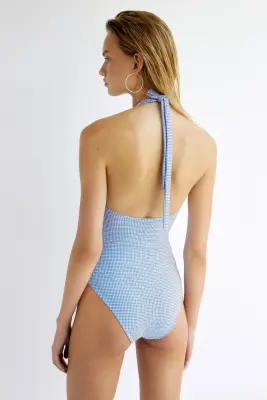 Maillot de bain paddé High Leg - Bleu clair/carreaux — photo 2