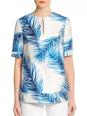 Blouse manches courtes en gazar de soie imprimé palmiers bleu et blanc Prix boutique 320€ Taille 36 — photo 3