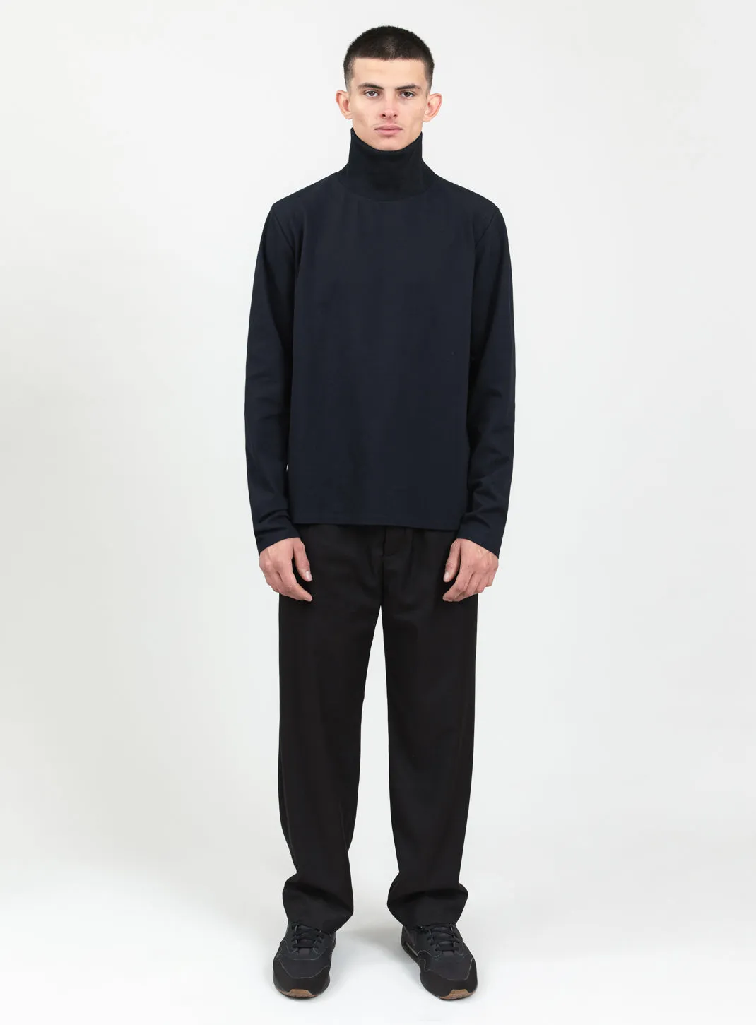 Ribbed High Neck Sweatshirt in Navy Blue Technical Knit