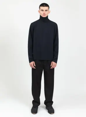 Ribbed High Neck Sweatshirt in Navy Blue Technical Knit
