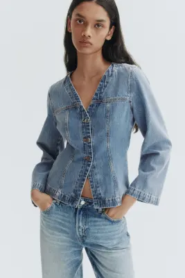Veste à encolure en V en denim - Bleu denim clair — photo 1