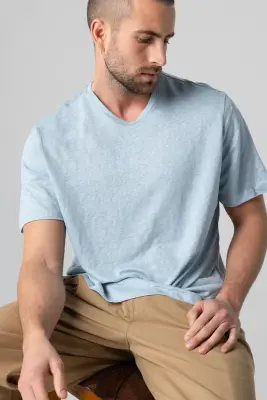 T-shirt Bleu Calanques Col Rond Manches Courtes en Lin / Elasthanne — photo 5
