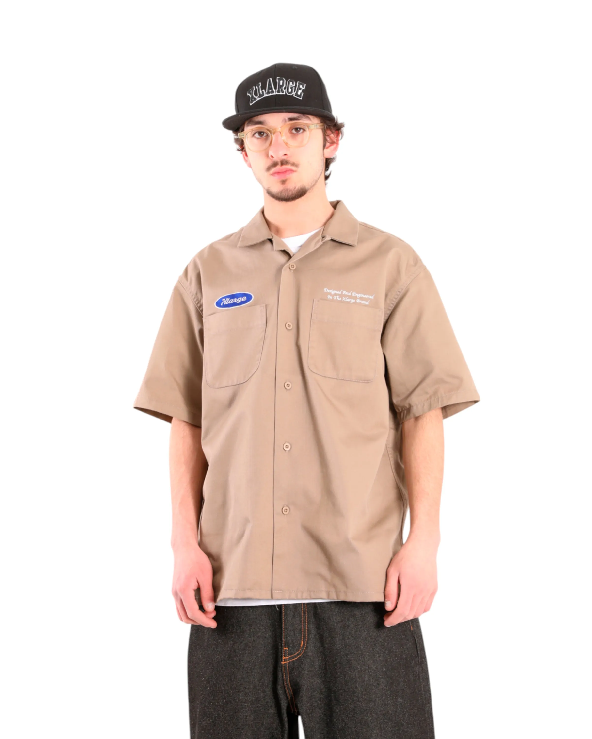 Embroided Short Sleeve Work Shirt Beige