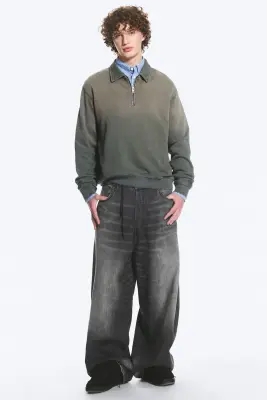 Sweat quart-zippé - Vert foncé délavé — photo 2