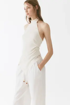 Pantalon en lin mélangé avec cordon de serrage - Ivoire — photo 2