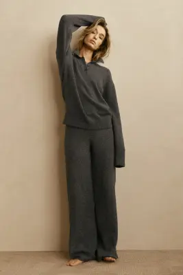 Pull façon polo en maille torsadée - Gris foncé chiné — photo 1