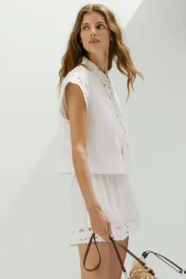 Chemise en twill de coton avec dentelle - Blanc — photo 3