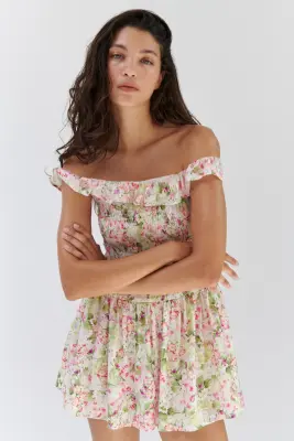 Smocked off-the-shoulder dress - Blanc/fleuri — photo 1