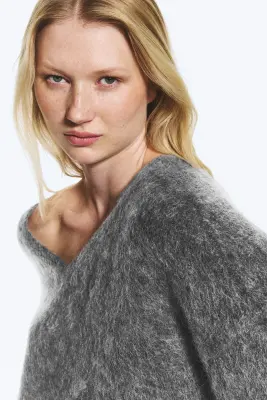 Pull col en V mélangé mohair - Gris foncé chiné — photo 1