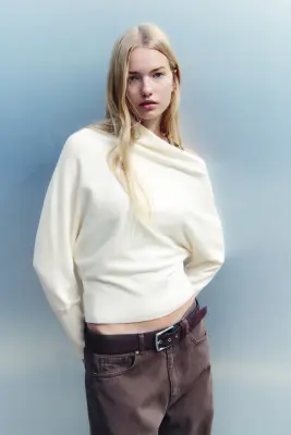 Pull asymétrique à manches chauve-souris - Crème — photo 2
