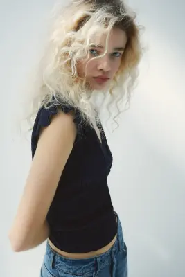 Top smocké avec dentelle - Bleu marine — photo 2