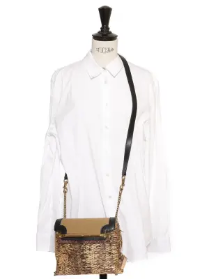 Sac CLARE en cuir noir, tissu marron et raffia beige chaîne bandoulière dorée Prix boutique 2250€ — photo 3