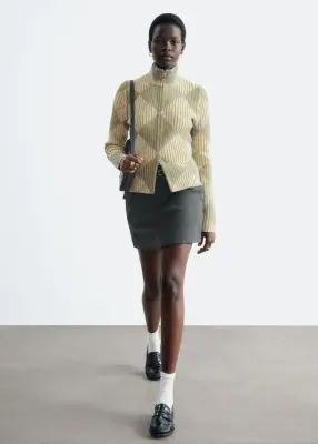 Cardigan zippé en mélange de coton et de laine - Beige/Vert/À carreaux — photo 3