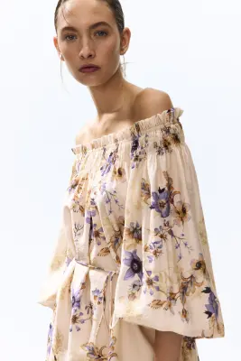 Robe oversize avec épaules nues - Beige clair/fleuri — photo 2