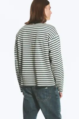T-shirt ample à manches longues - Vert/blanc rayé — photo 2