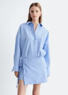 Robe-chemise courte à nouer - Bleu clair — photo 3