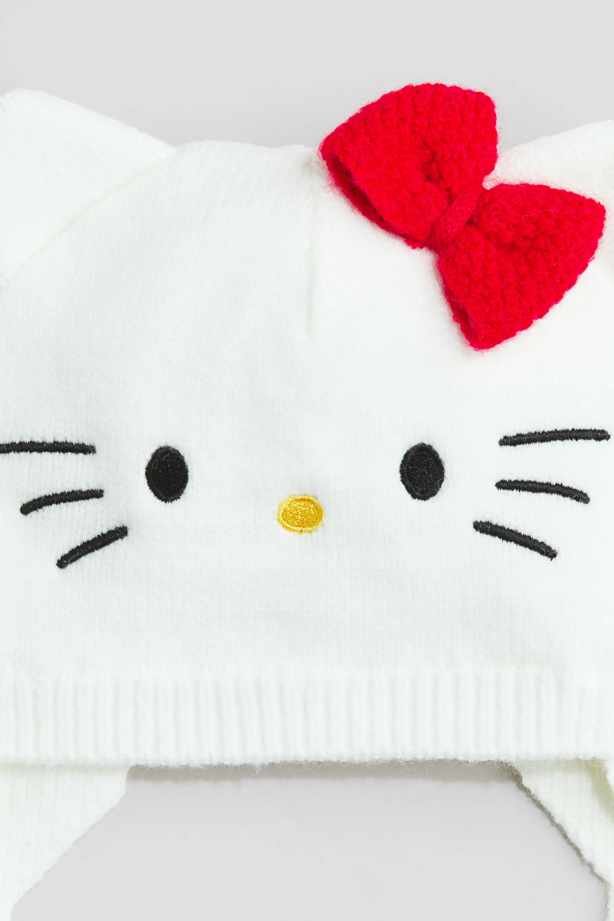 Bonnet en maille avec liens à nouer sous le menton - Blanc/Hello Kitty
