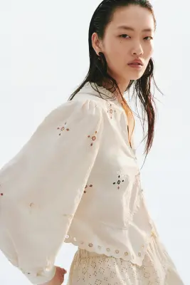 Blouse en coton avec broderie anglaise - Beige clair — photo 3
