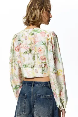 Blouse à encolure en V - Crème/fleuri — photo 2