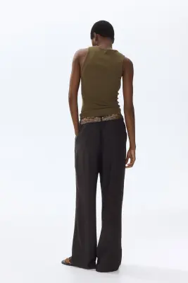 Pantalon en lin mélangé avec foulard - Marron foncé — photo 3