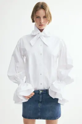 Chemise en coton avec nœud - Blanc — photo 1