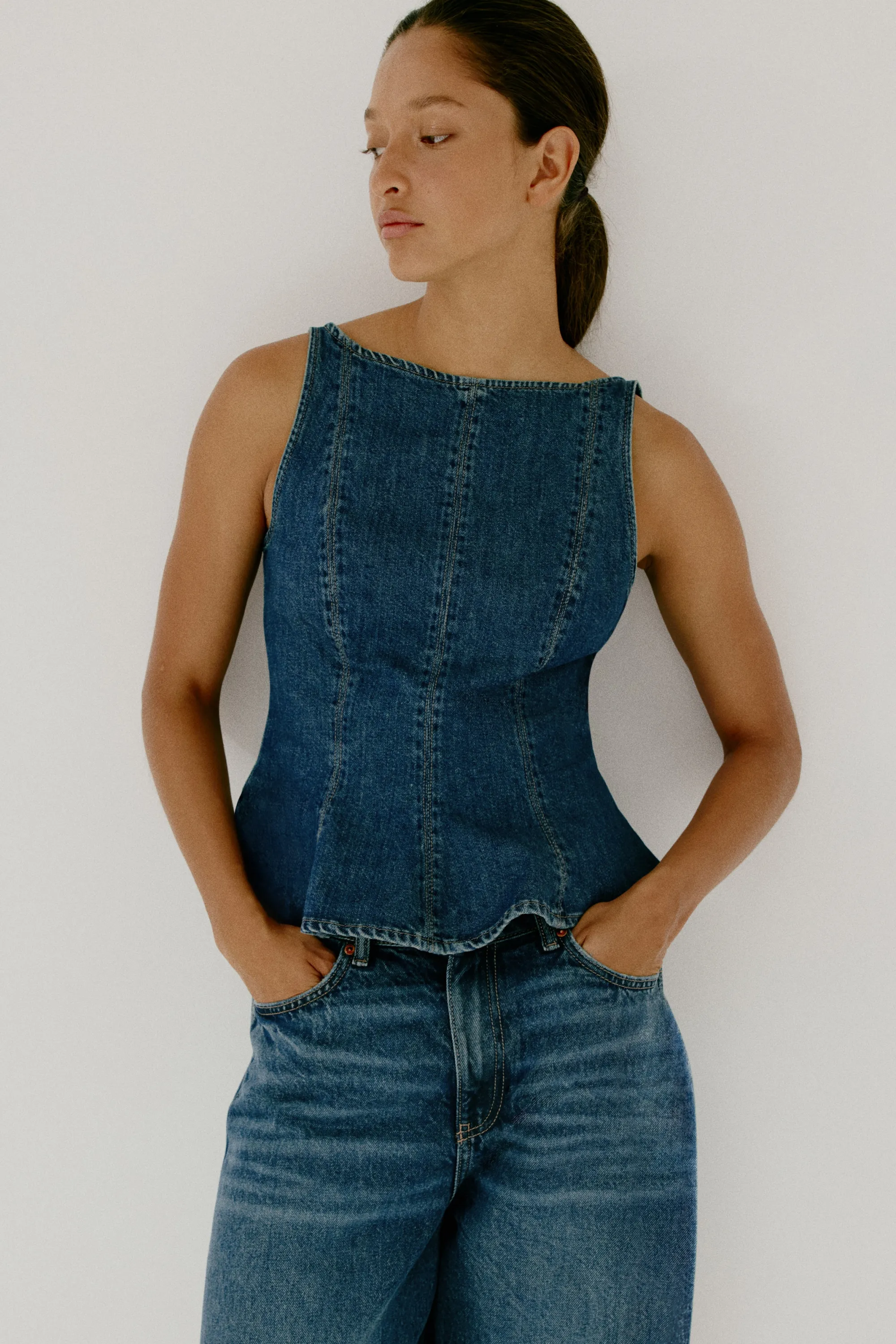 Top péplum en denim - Bleu denim foncé